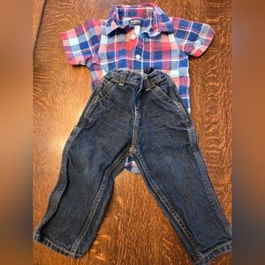 OshKosh B'gosh Carpenter Blue Denim Jeans W/Plaid Shirt/Bodysuit 18 M Unisex